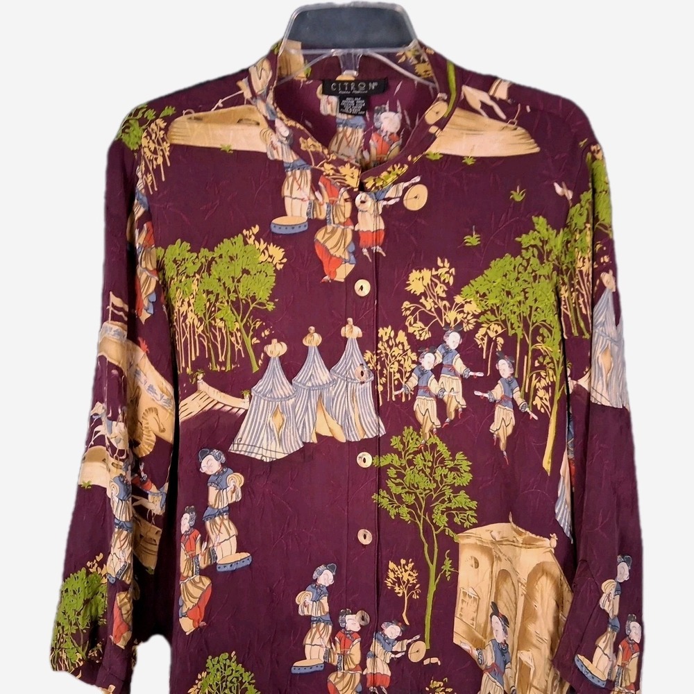 Citron Santa Monica Tunic Top Size XL Asian Floral Silk Blend Button Front READ